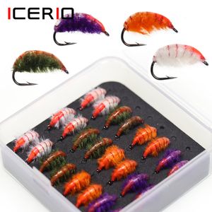 Baits Lures ICERIO 24PCSBox Scud Bug Worm Nymphs Fleny Barbed Hook Trout Fishing Carp Fly Lure Bait 230309