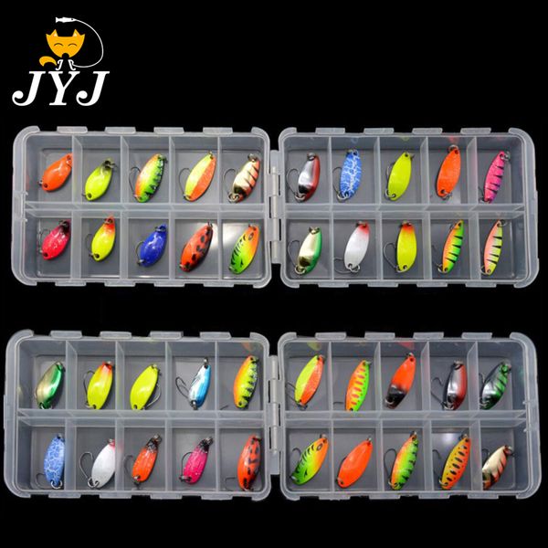 Cebos Señuelos JYJ paquete de caja colorido 2,5 g 3g 3,4g 4,5g juego de señuelos de cuchara de pesca de metal duro plantilla de cebos para trucha leucomas 230504