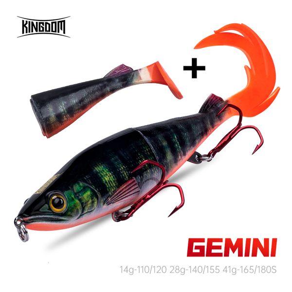 Iscas Reino GEMINI Iscas De Pesca 14g 28g 41g Afundando Wobblers Corpo ABS Com T-Tail Macio E Flame Tail SwimBaits Isca Macia Para Pike 230619