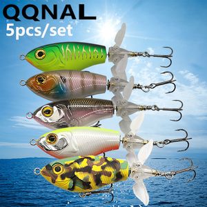 Cebos Señuelos QQNAL 5pcsSet 80mm 16g Señuelo de pesca Flotante Hélice doble Cola giratoria suave Topwater Lápiz Cebo duro Aparejo de cola giratoria 230314