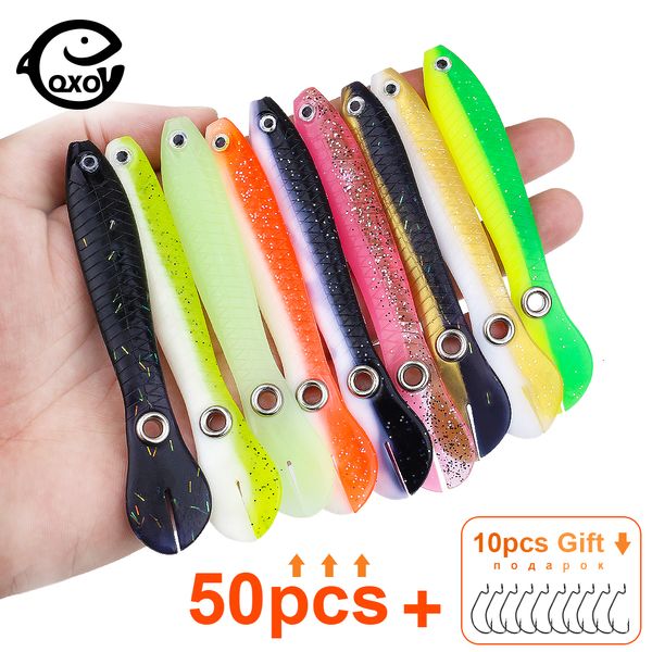 Appâts Leurres QXO 50pcs / lot pêche Leurre souple Accessoires crochets Bionic Loach Fish Sea Silicone Bait Goods Float All For 230809