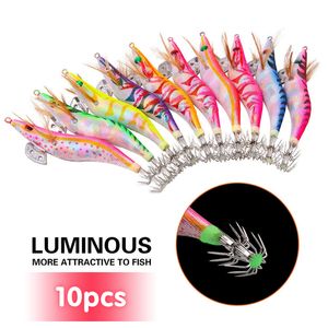 Appâts Leurres Pêche en mer Bois 10PCS Crevettes avec Anneau Squid Hook Sépia Simulation Aiguille Luya Jig Bait Octopus Seiche Leurre 230809