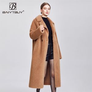 Baiytbuy schapenvacht bont een jassen jassen dames dikke warme lederen lange overjas mode kleden plus size 72109 211110