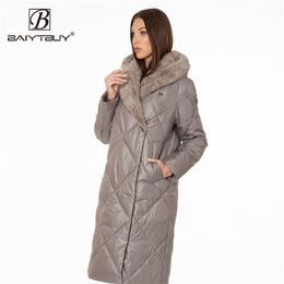 Baiytbuy winter femme jas Europese jas eenvoudige klassieke lange dikke parka vrouwen donsjack bontkraag 211216