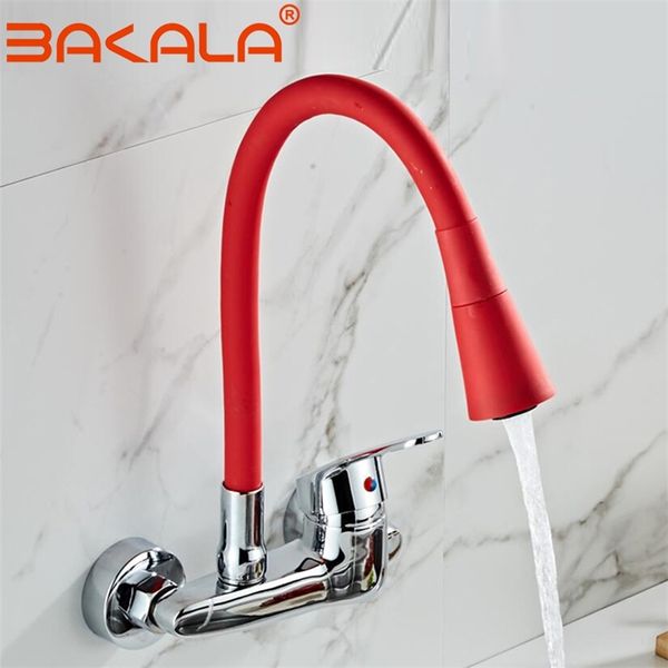 Bakala Rouge Couleur Couleur Cuisine Montée Robinet Mur Mélangeurs Mélangeurs Cuisine Débutant Tuyau 360 degrés Tuyau flexible Flexible Double Trous 211108