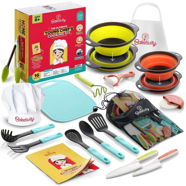 Baketivity Ustensiles Guide d'outils de cuisine complet pour filles ou garçons avec bols à mélanger, planche à découper, couteau, tablier – Kit de pâtisserie pour enfants pour une vraie cuisine