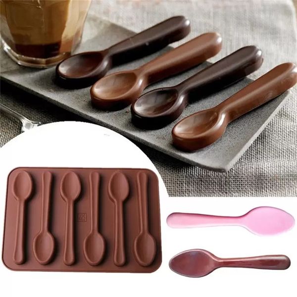 Cuagueware Moules Silicone 6 trous Cuillère Forme Chocolat Moule Moule de décoration Outils de décoration Cuisine Pâtisserie Pâtisserie Savon Studio Formulaire de silicone