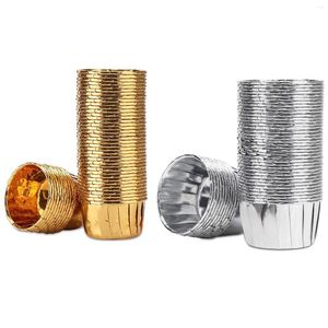 Utensilios para hornear, 100 Uds., tazas de papel de aluminio para magdalenas, revestimientos desechables para magdalenas, soportes para sartenes con punta para hornear, tazas, dorado y plateado