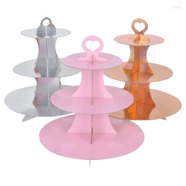 Utensilios para hornear, soporte redondo de cartón para pasteles de 3 niveles, soporte para cupcakes rosa, torre de postres, plato para servir pasteles para boda, fiesta, cumpleaños