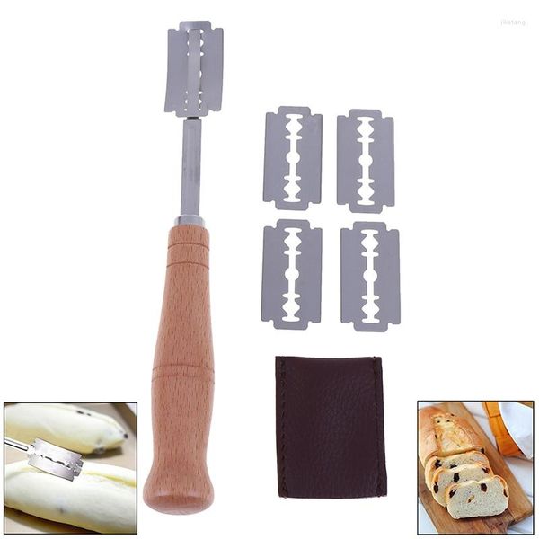 Herramientas para hornear, 5 cuchillas para panaderos, herramienta de corte Lame, cortador para hacer masa, juego de mango de madera, tarro agrio para hornear, cuchillo de puntuación, maquinilla de afeitar