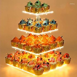 Ustensiles de cuisson Affichage acrylique à 5 niveaux pour la pâtisserie Guirlande lumineuse LED Acrylic Cupcake Tower Weddings Birthday Stand