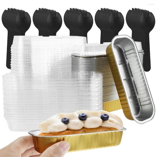 Ustensiles de cuisson 50 pièces moules à pain en papier d'aluminium avec couvercles cuillères réutilisables gâteau au fromage muffin outil de cuisson Mini pain conteneur cuisine