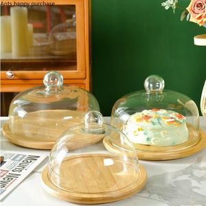Bakware gereedschap bamboe houten cake pan transparante glazen deksel houten bodemstandaard dessert tafel display roteerbare ladeplaat