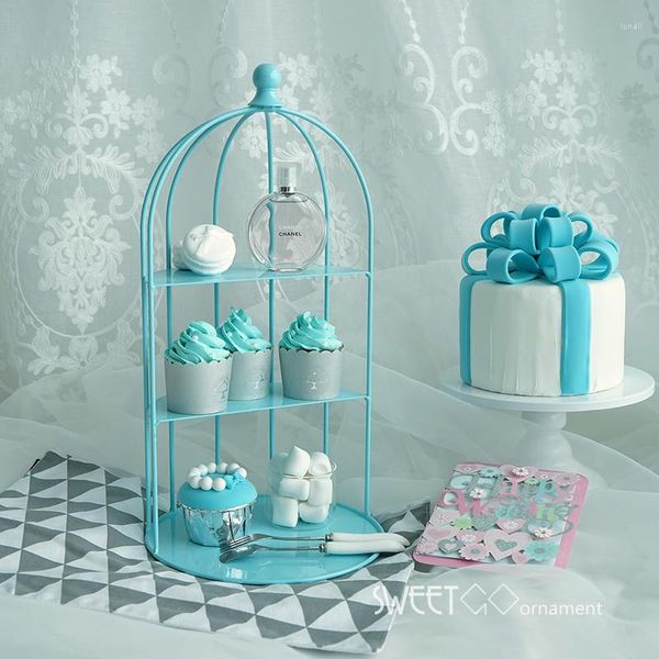 Outils de cuisson cage à oiseaux pour cupcakes en bleu, décoration de mariage, fournisseur de Table à desserts sucrés, vitrine de boulanger, support à gâteaux