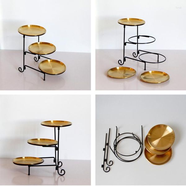 Ustensiles de cuisson Or Trois Couches Assiette De Fruits Gâteau Stand Lumière De Luxe En Acier Inoxydable Fer Détachable Pliant Dessert Fournitures De Mariage