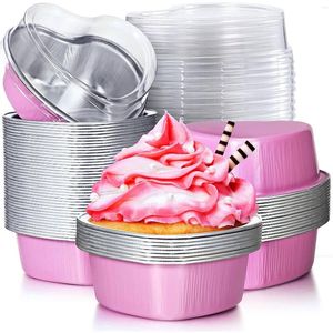 Bakware gereedschap valentijn aluminium folie cake pan hartvormige cupcake cup met deksels mini vlaai bakbekers deksel roos roze