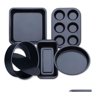 Platos para hornear Sartenes Juego de herramientas para hornear Oro Cinco piezas Antiadherente Fondo de acero al carbono Caja para tostadas Caja para pizza Bandeja para pizza 6 tazas en entrega de gota H Otfh6