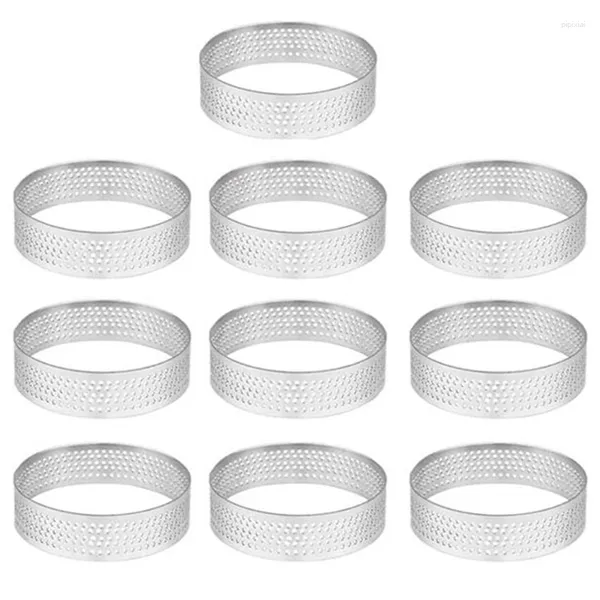 Moldes para hornear 10 paquetes de anillo de tarta de acero inoxidable resistente al calor perforado pastel mousse redondo donut herramientas 5,9 cm