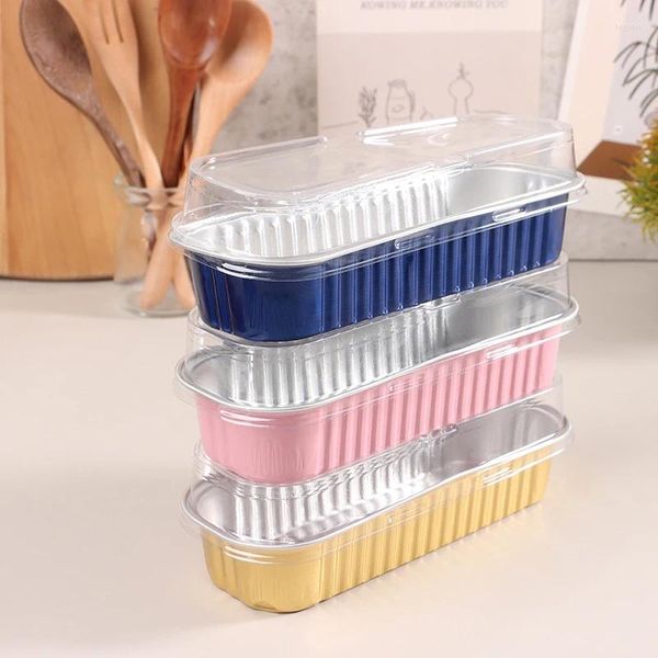 Moldes para hornear 10 unids 200 ml Caja de pastel de papel de aluminio rectangular Tin Cupcake Pan Pudding Queso Taza de postre con tapa