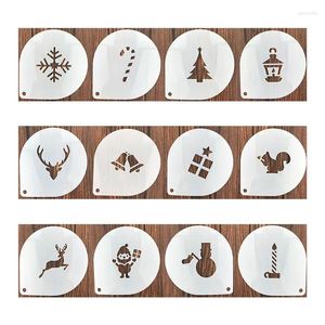 Bakvormen 12 Stuks Kerst Koffie Cappuccino Cacaopoeder Stencil Mold Cake Cupcake Template Barista Strooi Pad Stofdoek Gereedschappen