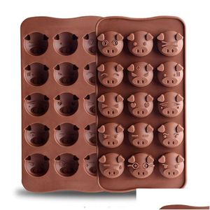 Bakvormen 15 Grids Cute Pig Head Cake Candy Chocolate Sile Mods Tools 3D Fondant Diy Handgemaakte Keuken Cookie Mould Accessoires Dr Dhouk