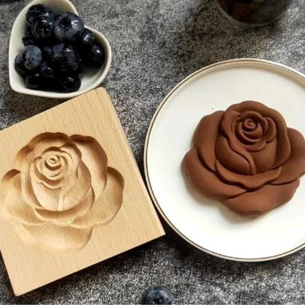 Moldes para hornear, 1 Uds., molde de madera para galletas, prensa de pan de jengibre, cortador de flores rosas en relieve 3D, utensilios de panadería