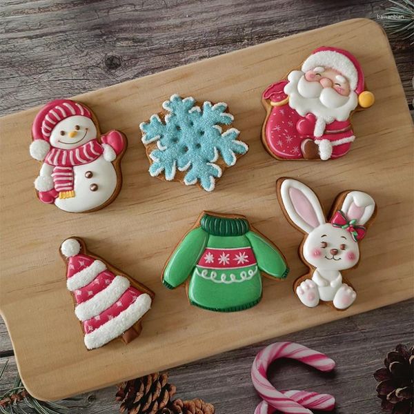 Moldes para hornear 2024 Feliz Navidad Moldes de galletas Santa Árbol Muñeco de nieve Cortador de galletas y sello DIY Año Pastel Herramienta de estampado