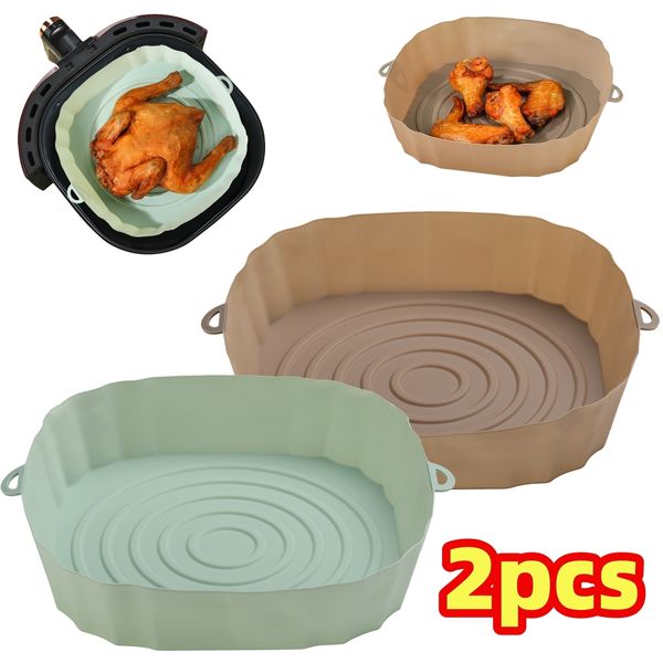 Moldes para hornear 2 unids Air Fryer Cesta de silicona Molde Airfryer Horno Bandeja Pizza Pollo Frito Reutilizable Pan Liner Accesorios 230923