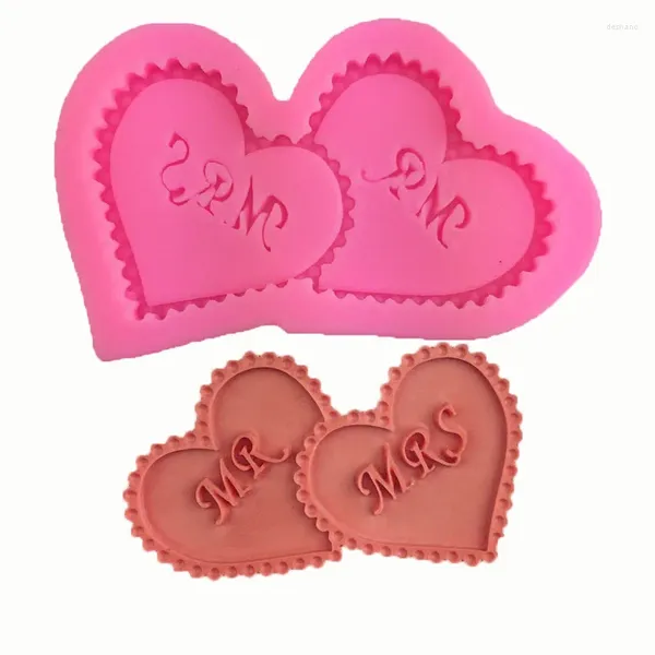 Moldes para hornear 2pcs/lote 3d amante de doble corazón mrs mrs gallos decoración de pastel decoración de moldes de moldes de silicona moldes de cupcake fondant chocolate