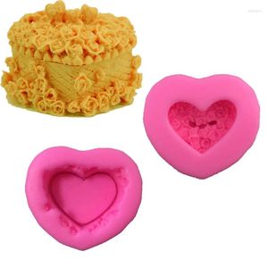 Moules de cuisson 2pcs / lot rose 3d boîtes à musique fleur rose coeur forme fondant silicone moule bricolage chocolat gâteau décor moules bougie savon