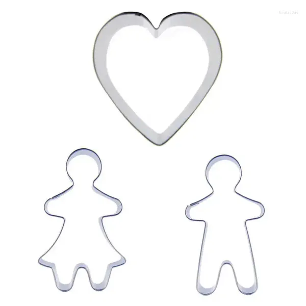 Moldes para hornear 3 PCS Love Girl Boy Cortador de galletas de acero inoxidable Máquina de estampado de galletas Chocolates Pastelería Dulces suaves Decoración de pasteles