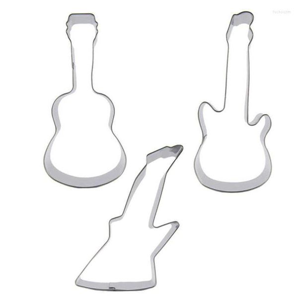 Moules de Cuisson 3 Pcs Musique Guitare En Acier Inoxydable Cookie Cutter Biscuit Gaufrage Machine Chocolat Pâtisserie Sirop Moule Gâteau Décoration Outils