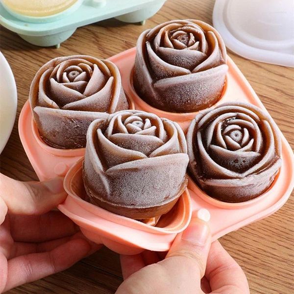 Moldes para hornear 3D Rose Ice Modelo de 2.5 pulgadas Bandeja de cubo grande que hace 4 encantadores forma de floración Gel Fun Hockey Hockey For Whishy Mold