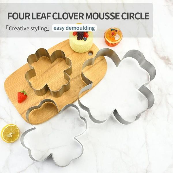 Moules de cuisson 3pcs cercles de mousse forme de trèfle à 4 feuilles bricolage en acier inoxydable monobloc conception gâteau pochoir dessert moule pour boulangerie cuisine