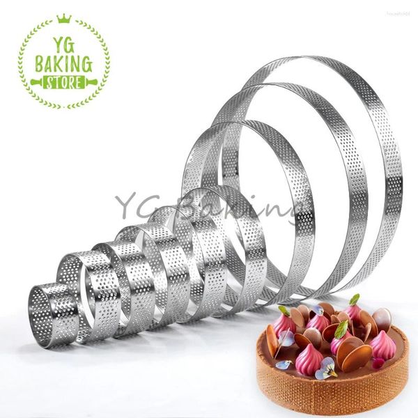 Moldes para hornear 4/6/8 PCS Anillo de tarta circular de acero inoxidable Postre francés Pastel de fruta perforado Quiche Pastel Mousse Molde Molde de cocina