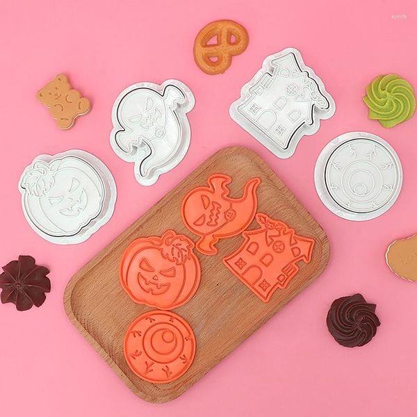 Moldes para hornear 4 PCS / Set Lindo Halloween Forma de calabaza Fantasmas Sellos de galletas Herramientas Plástico Molde de dibujos animados DIY Galletas Pastel Pan