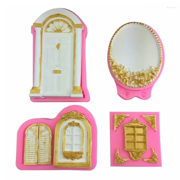 Moldes para hornear 4pcs/colocar la ventana de la puerta en 3D Molde de silicona marco pastel borde de fondant decoración de fondant molde de chocolate