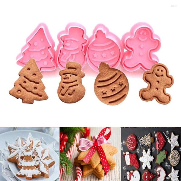 Moules de cuisson 4pcs / set Noël Biscuit Moule Cookie Timbre Pressable Plongeur Pâtisserie Fondant Gâteau Décoration Arbre De Noël Gingerbread Man