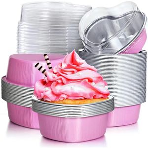 Moules de cuisson 50pcs 55ml feuille d'aluminium tasse de pudding en aluminium avec couvercle en forme de coeur jetable mini mousse cupcake conteneurs moule 231204