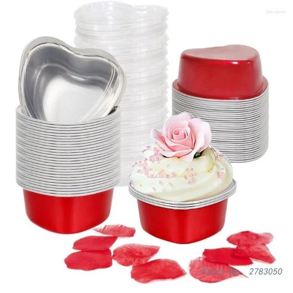 Moldes para hornear 50 unids/set molde para pastel de papel de aluminio taza para cupcakes en forma de corazón con tapas moldes para Flan para el día de la madre boda cumpleaños