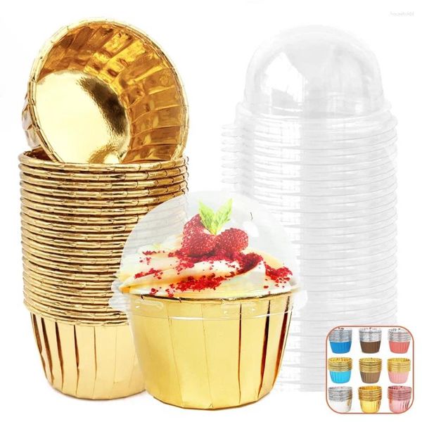 Moules de cuisson 50pcs / Set Cupcake Liner Cup Moule avec couvercles Rouleau Bouche Muffin Papier Coupes Wrapper Gâteau Décoration Outils