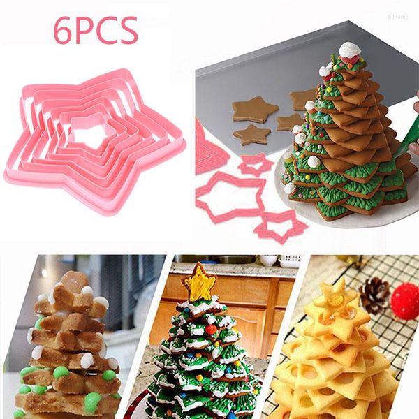 Moldes para hornear, 6 uds., moldes para galletas, cortador de árbol de Navidad, molde en forma de estrella, pastel, herramienta de decoración 3D, cocina