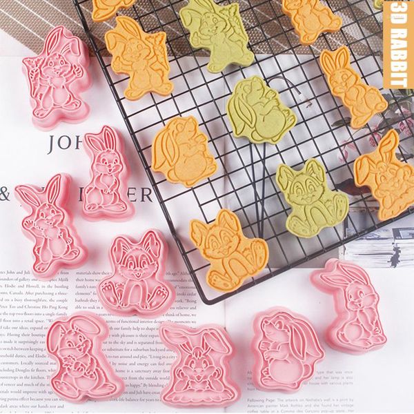 Moldes para hornear 8PCS 2023 3D Molde de galletas de Pascua Lindo de dibujos animados Galleta Fondant Sello Decoraciones para fiestas Herramientas