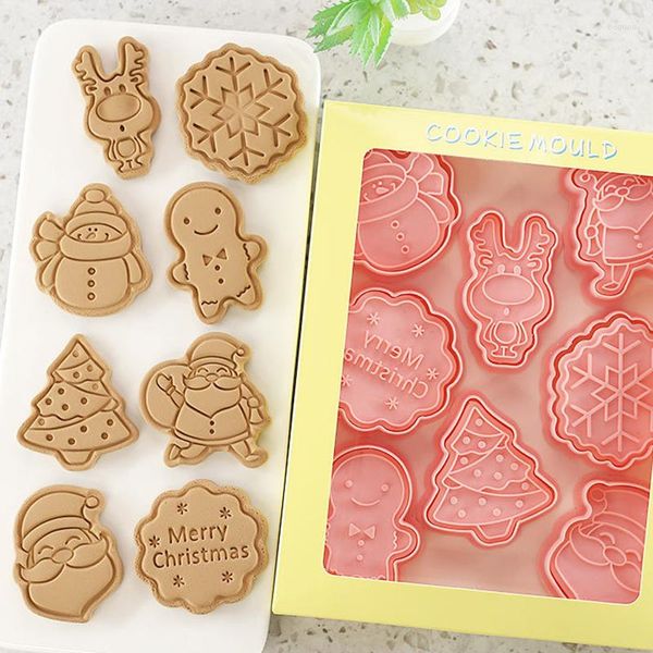 Moldes para hornear 8 unids Navidad Molde de silicona Lindo Navidad Dibujos animados Galleta 3D Cortador de galletas Molde Pastel Fudge Decoración Herramientas de cocina