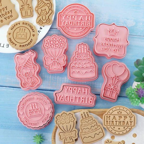 Moules de cuisson 8pcs coupe-biscuits pour joyeux anniversaire en plastique dessin animé pressable biscuit moule confiserie cookie timbre pâtisserie outils