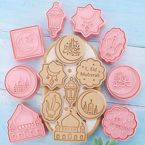 Bakvormen 8 stks eid mubarak cookie cutters set 3d moon star press biscuit mal ramadan islamitische moslimzegelaccessoires