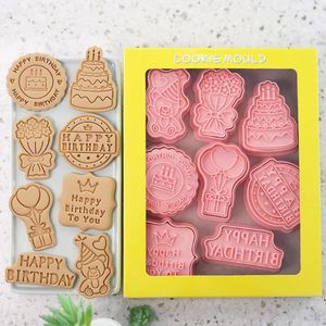 Moules de cuisson 8 pièces joyeux anniversaire emporte-pièce en plastique 3D timbre moules Type fête Biscuit pâtisserie accessoires de cuisson