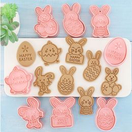 Bakvormen 8 stuks Happy Easter Cookie Cutters Set Egg Bunny Chick Fondant Stempel Wortel Konijn Gebak Biscuit Embossing Mallen 230518