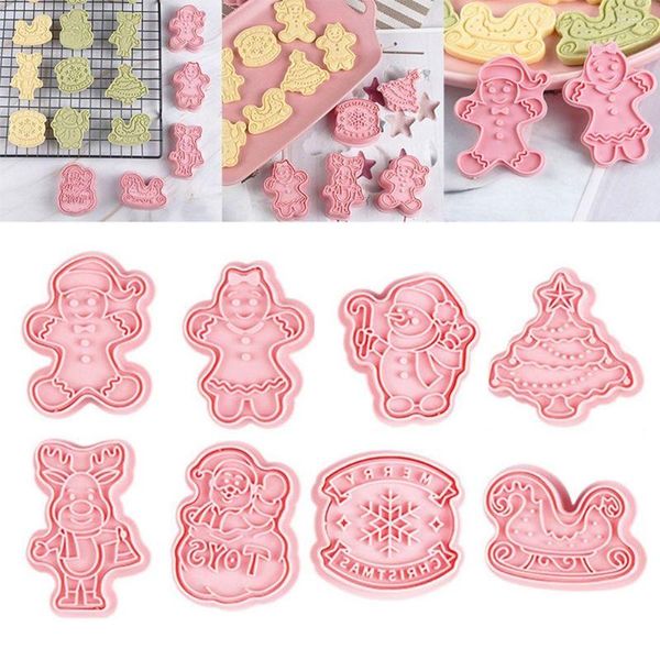 Moldes para hornear 8 unids/set herramienta para pasteles copo de nieve de plástico émbolo de Papá Noel cortador de galletas 3D molde de galletas de Navidad molde muñeco de nieve