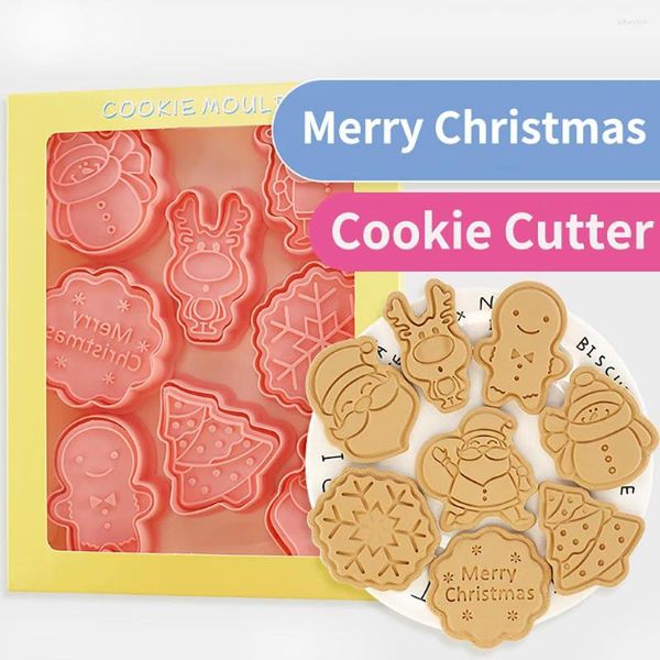 Moules de cuisson 8pcs / Set Coupe-biscuits de Noël en plastique 3D Dessin animé Pressable Biscuit Moule Fondant Timbre Cuisine Pâtisserie Outils